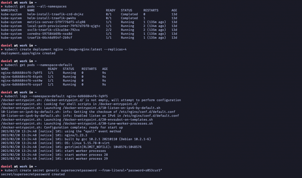 Screenshot eines Terminals mit mehreren Ausgaben von kubectl