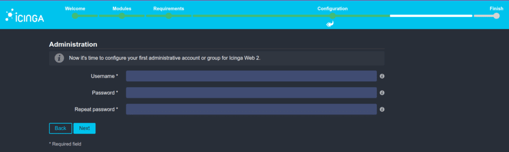 Ansicht der Icinga Web Setup Oberfläche zum Anlegen eines administrativen Benutzers (dunkelblauer Hintergrund, hellblauer Header).