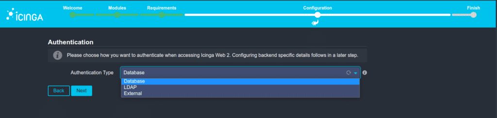 Ansicht der Icinga Web Setup Oberfläche zur Auswahl der Authentifizierungsmethode (dunkelblauer Hintergrund, hellblauer Header). In der aktuellen Ansicht wird die Datenbank zur Authentifizierung genutzt