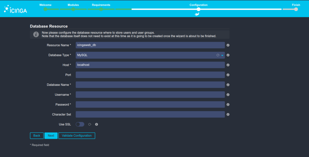 Ansicht der Icinga Web Setup Oberfläche mit einem Formular zur Eingabe der Datenbank Zugangsdaten (dunkelblauer Hintergrund, hellblauer Header). In der aktuellen Ansicht ist das leere Formular zu sehen