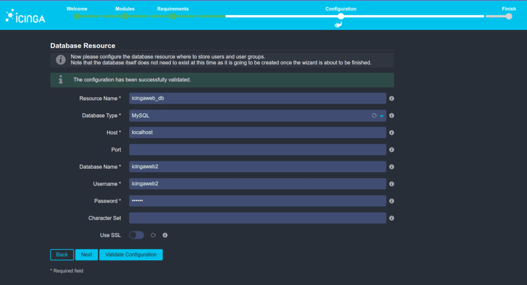 Ansicht der Icinga Web Setup Oberfläche mit einem Formular zur Eingabe der Datenbank Zugangsdaten (dunkelblauer Hintergrund, hellblauer Header). In der aktuellen Ansicht ist das ausgefüllte Formular inklusive erfolgreicher Validierung zu sehen