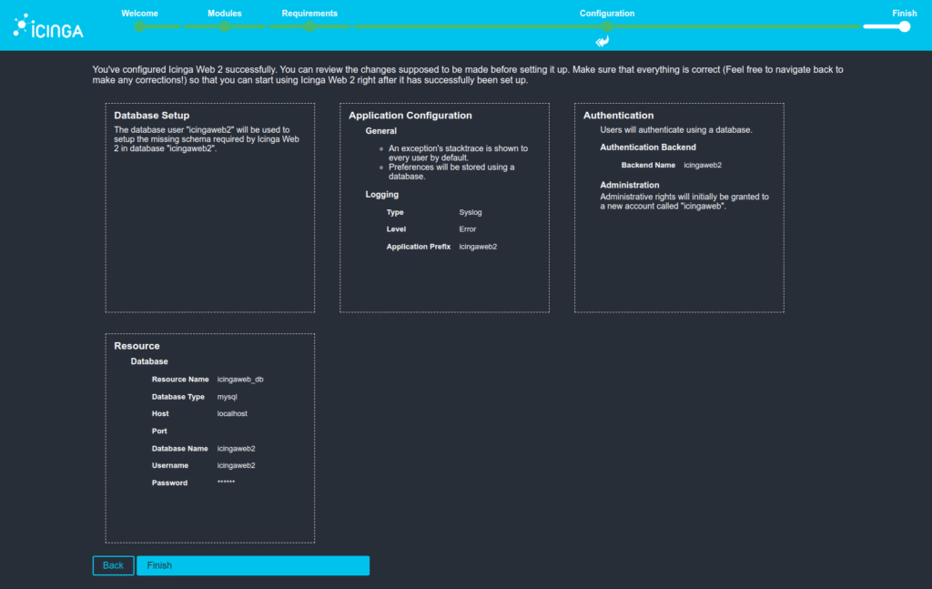 Ansicht der Icinga Web Setup Oberfläche mit allen bisher getätigten Einstellungen zur Übersicht am Ende des aktuellen Einrichtungsschrittes (dunkelblauer Hintergrund, hellblauer Header).