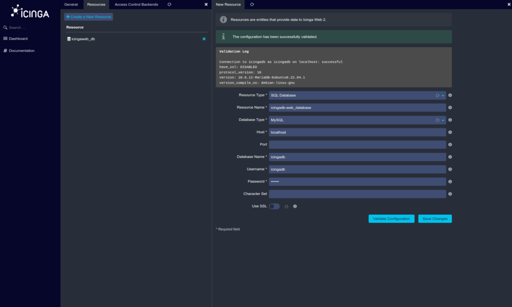 Screenshot der Icinga Web Umgebung des Monitoring Systems Icinga. Zu sehen ist das Anlegen einer neuen Datenbankressource zur Nutzung des Icinga Moduls "Icinga Director" inklusive der erfolgreichen Validierung