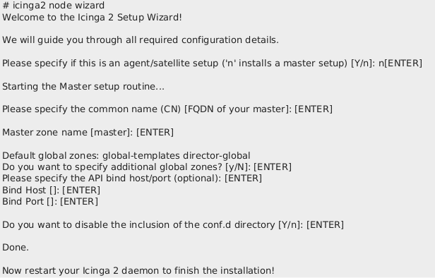 Screenshot der Terminalausgabe, bei dem das Kommando icinga2 node wizard inklusive seiner Ausgabe zu sehen ist. Der Screenshot soll verdeutlichen wie die Ausgabe dieses Befehls im Terminal visualisiert wird