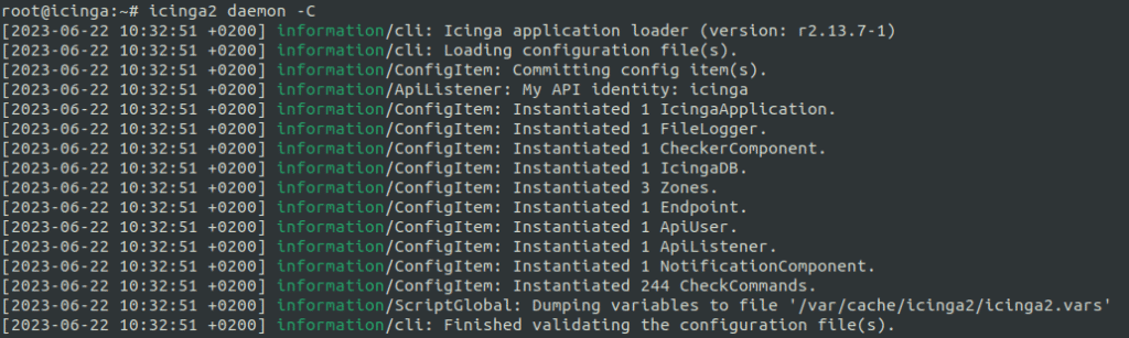 Screenshot eines Terminals, bei dem das Kommando icinga2 daemon -C inklusive seiner Ausgabe zu sehen ist. Der Screenshot soll verdeutlichen wie die Ausgabe dieses Befehls im Terminal visualisiert wird