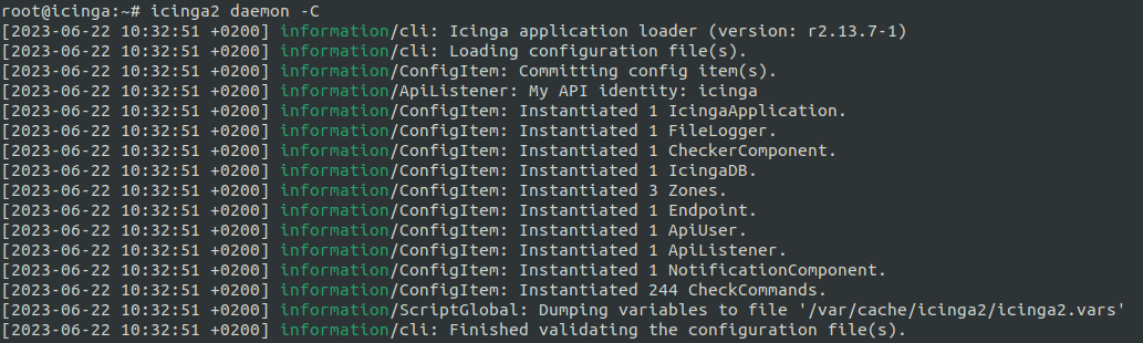 Screenshot eines Ubuntu Terminals, bei dem das Kommando icinga2 daemon -C inklusive seiner Ausgabe zu sehen ist. Der Screenshot soll verdeutlichen wie die Ausgabe dieses Befehls im Terminal visualisiert wird