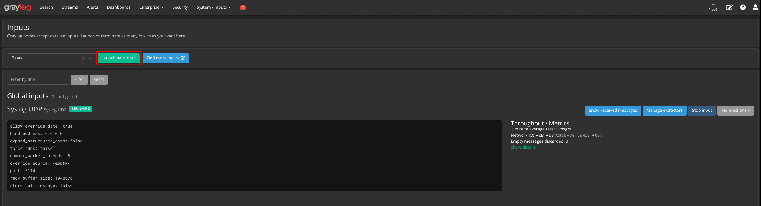 Übersicht der Inputs in der "System/Inputs" Pbersicht von Graylog